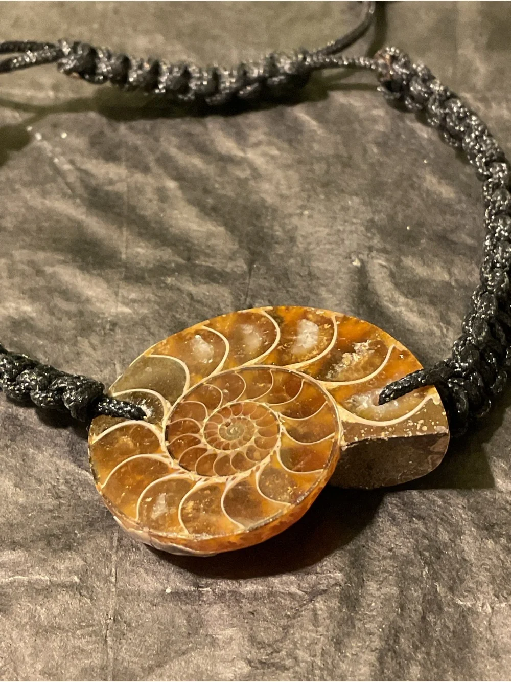 Handmade Black Macrame Bracelet with Brown Fossil Stone Pendant-Unisex